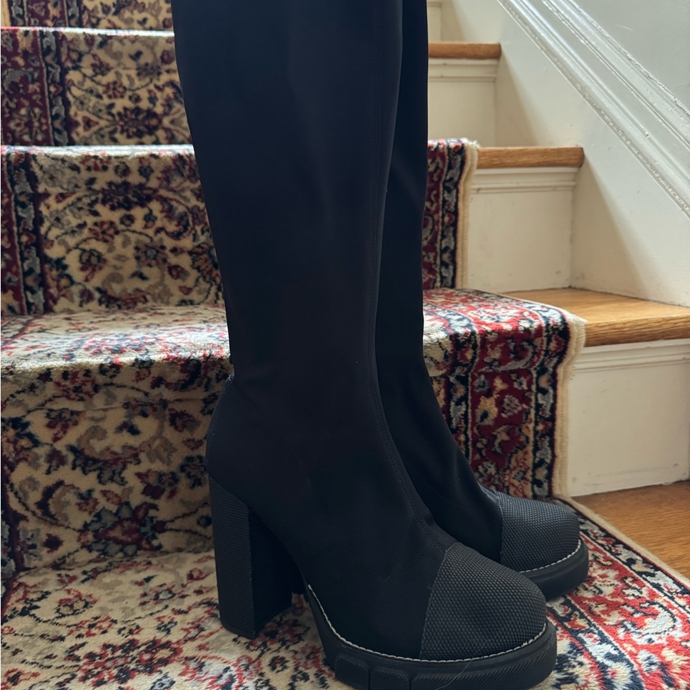 COPY - Public Desire Critic Black Block Heeled Platform Over The Knee Boots
